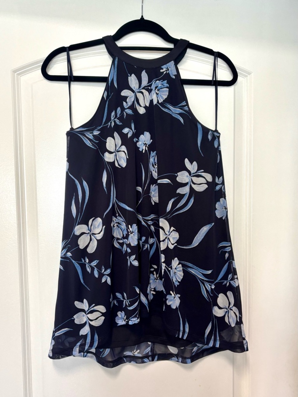 Limited Floral Halter Neck Women's Top - Black with Blue & White Flowers